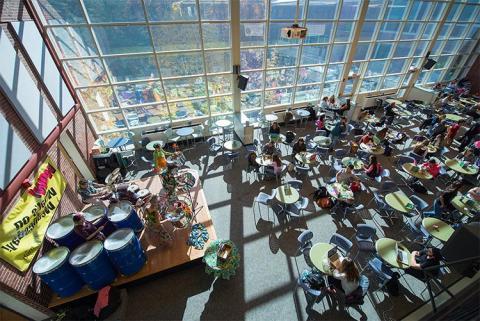 aerial view of UNH students in Union Court sitting at tables