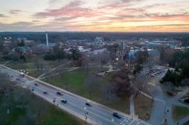 aerial photo of campus at sunset